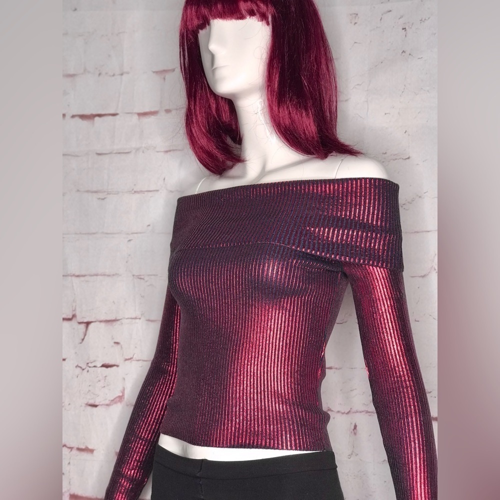 NEW ZARA XS Off the Shoulder Red Metallic Knit Foil Stretch Top NEW WITH TAG - Picture 12 of 15